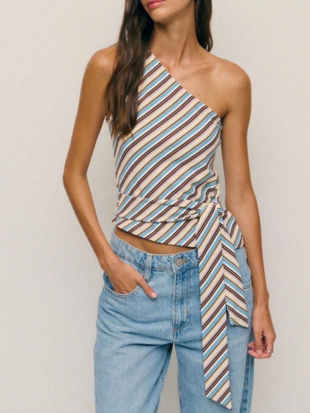Blue & White Striped Asymmetrical Tie Tank Top